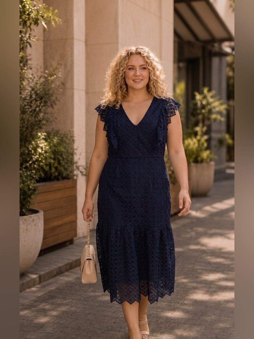 ANTONIO MELANI Navy Lace V-Neck Midi Dress with Ruffle Cap Sleeves